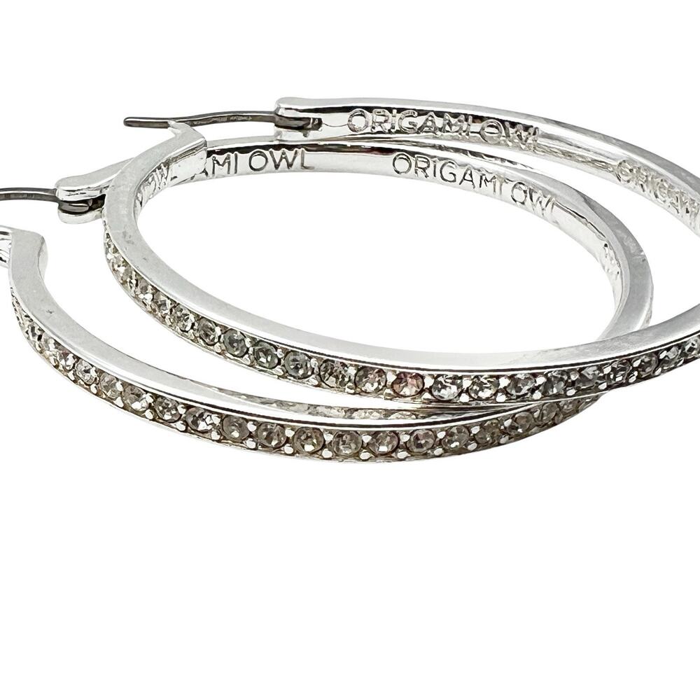 Origami Owl Hoop Earrings Pave Crystals Shimmer Silver Tone Elegant Glam Wedding